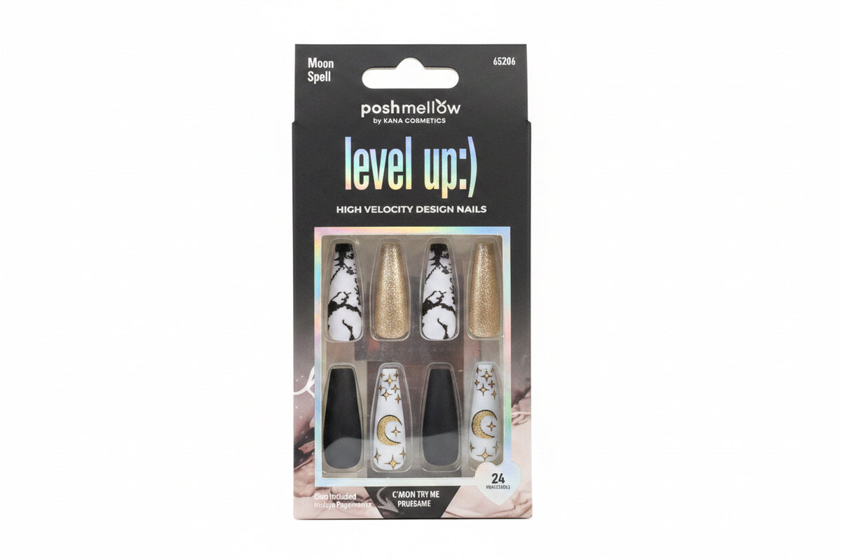 PoshMellow by KleanColor Level Up! High Velocity Design Nails – Moon Spell – Black, White & Gold (24 Nails)