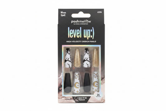 PoshMellow by KleanColor Level Up! High Velocity Design Nails – Moon Spell – Black, White & Gold (24 Nails)
