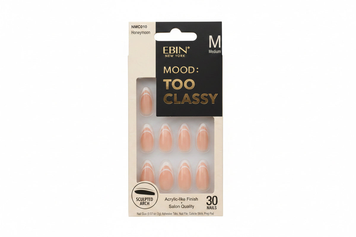 EBIN New York Mood! Too Classy Press-On Nails – Honeymoon – Medium – Nude & White French Tip (30 Nails)