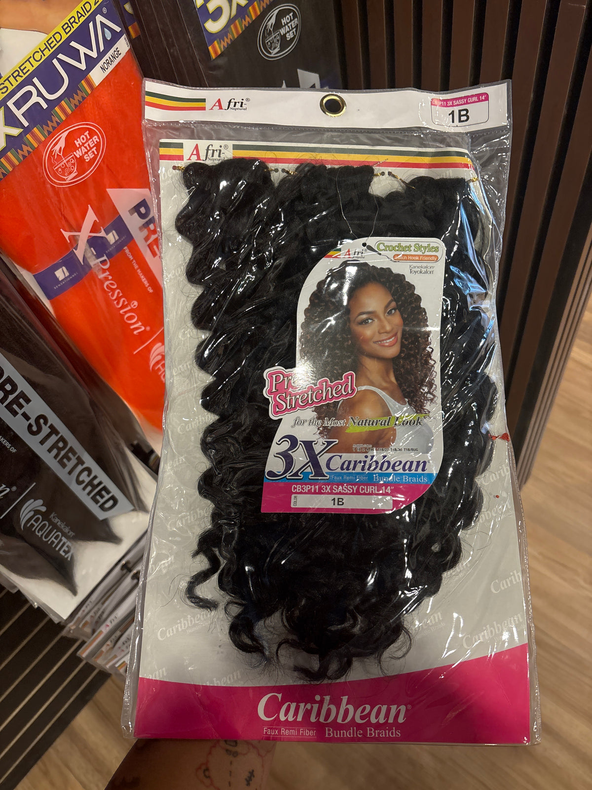 AFRI-NAPTURAL- 3X Caribbean Pre-stretched Sassy Curl 14”-Color 1B-