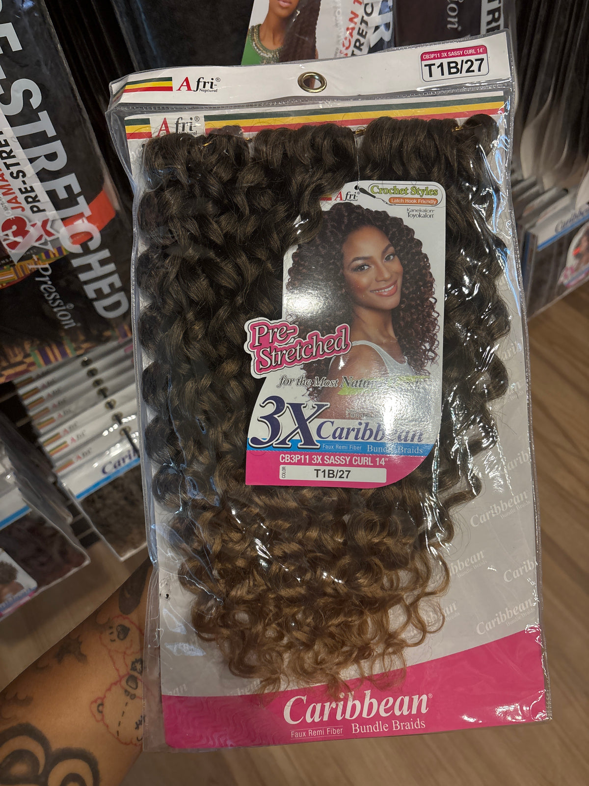 AFRI-NAPTURAL- 3X Caribbean Pre-stretched Sassy Curl 14”-Color T1B/27-