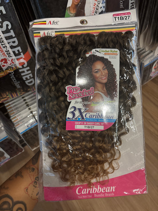 AFRI-NAPTURAL- 3X Caribbean Pre-stretched Sassy Curl 14”-Color T1B/27-