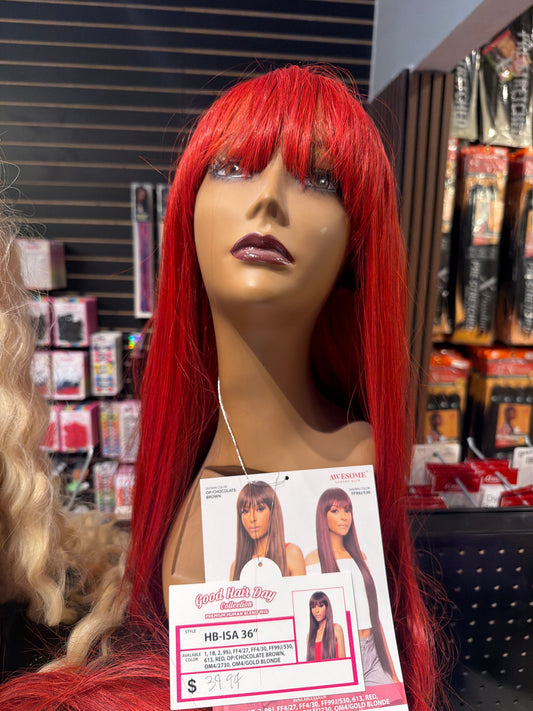 Good hair day human hair blend wig 36” color red