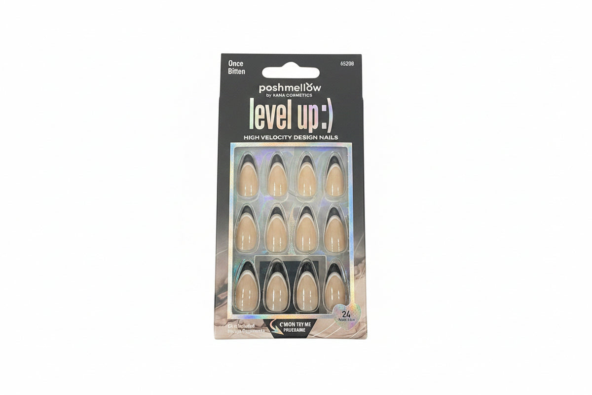 PoshMellow by Kana Cosmetics Level Up! High Velocity Design Nails – Once Bitten – Nude & Black French Tip (24 Nails)