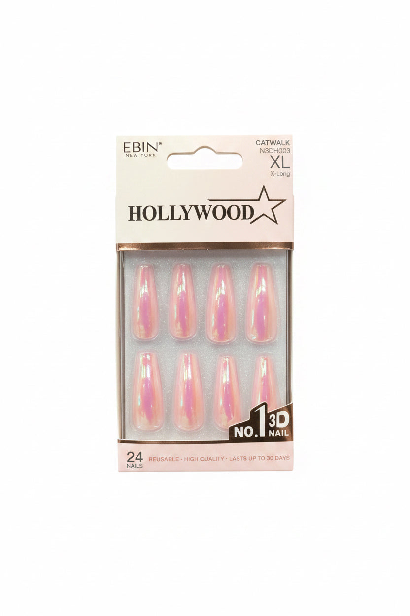 EBIN New York Falling in Hollywood 3D Nails – Catwalk – X-Long – Pink Iridescent (24 Nails)