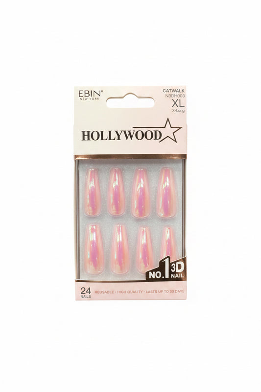 EBIN New York Falling in Hollywood 3D Nails – Catwalk – X-Long – Pink Iridescent (24 Nails)