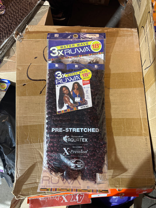 3X RUWA WATER WAVE Pre-Stretched Braiding hair 18”-Color SM1B/BG-