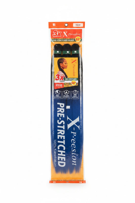 3X X-Preston Pre-stretched Braiding Hair 58”-Color Ombré Black/BLUE