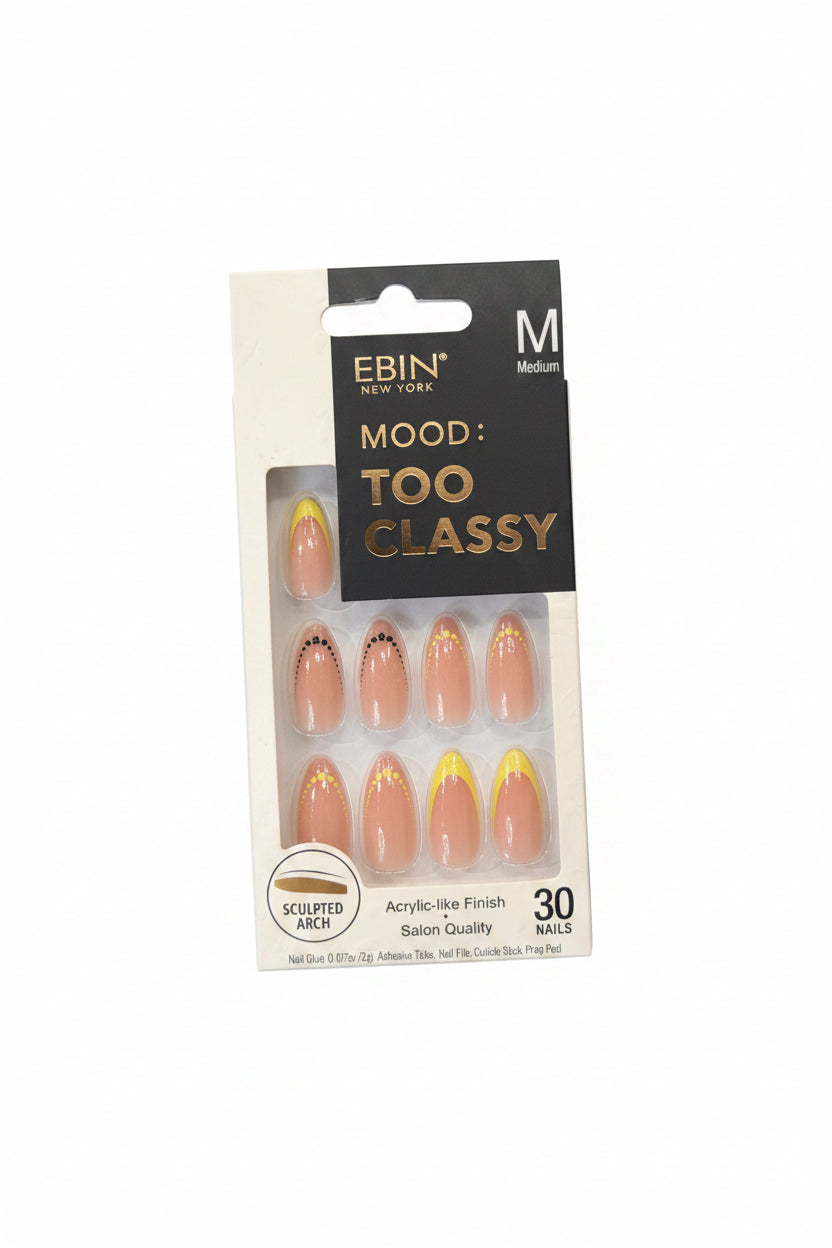 EBIN New York Mood! Too Classy Press-On Nails – Be Careful – Medium – Nude & Yellow French Tip (30 Nails)