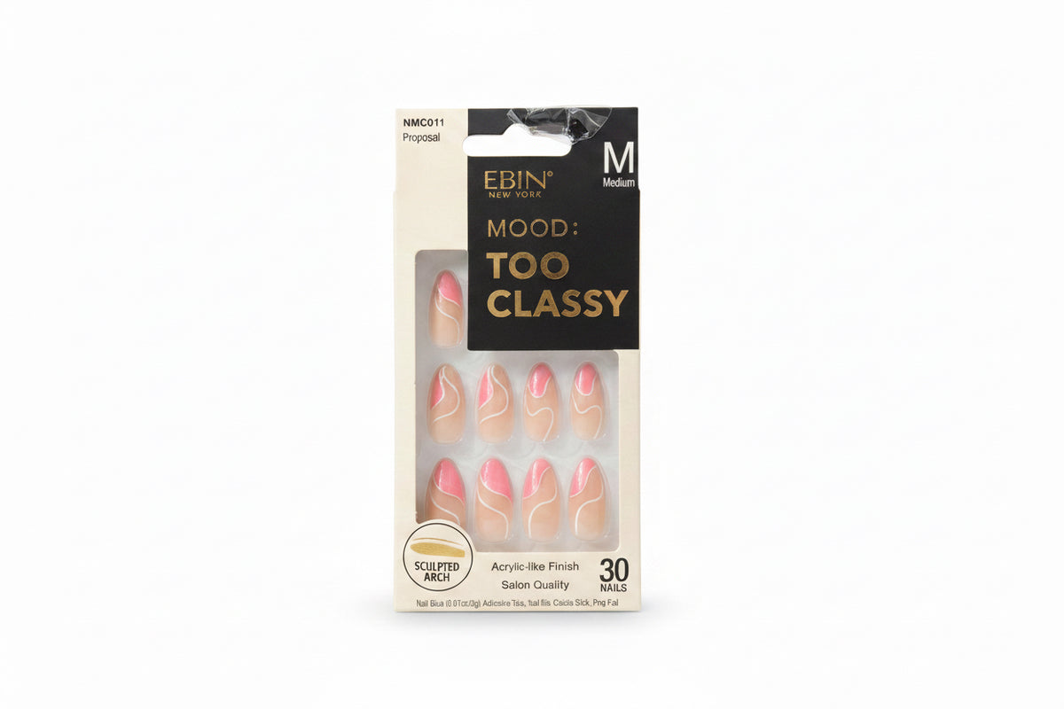 EBIN New York Mood! Too Classy Press-On Nails – Proposal – Medium – Pink & Nude Swirl (30 Nails)