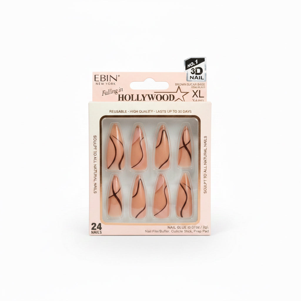 EBIN New York Falling in Hollywood 3D Sculpted Press-On Nails – XL – Nude Abstract Line Design (24 Nails)