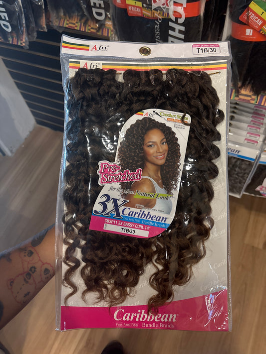 AFRI-NAPTURAL- 3X Caribbean Pre-stretched sassy curl 14”-Color T1B/30-