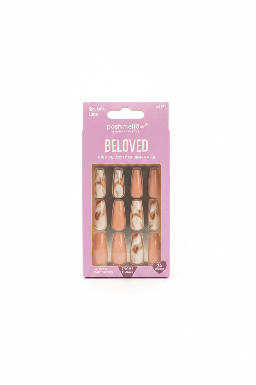 PoshMellow by Kana Cosmetics Beloved High Velocity Design Nails – Smoke’n Latte – Nude & Marble (24 Nails)