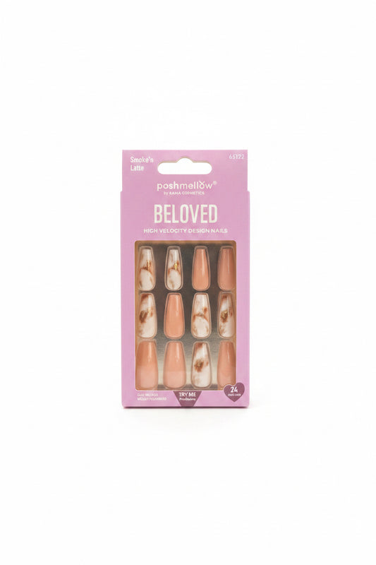 PoshMellow by Kana Cosmetics Beloved High Velocity Design Nails – Smoke’n Latte – Nude & Marble (24 Nails)