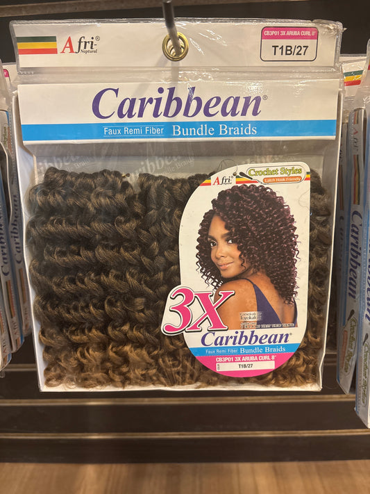 AFRI-NAPTURAL- 3X Caribbean Bundle Braids Faux Remi Fiber Aruba Curl 8”-Color T1B/27-