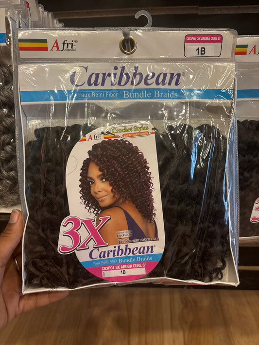 AFRI-NAPTURAL- 3X Caribbean Bundle Braids Faux Remi Fiber Aruba Curl 8”-Color 1B-